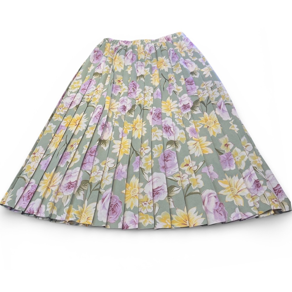 Leslie Fay Green Floral Pleated Midi Skirt Womens Size‎ 14 Vintage Style Elastic